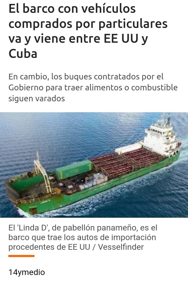 Cuándo te digan que el BLOQUEO a Cuba no existe: 'Barco con vehículos comprados por particulares va y viene entre EEUU y Cuba (...) En cambio, los buques contratados por el gobierno para traer alimentos o combustible siguen varados' ...lo dice 14yMedio. #NoMásBloqueo #LetCubaLive