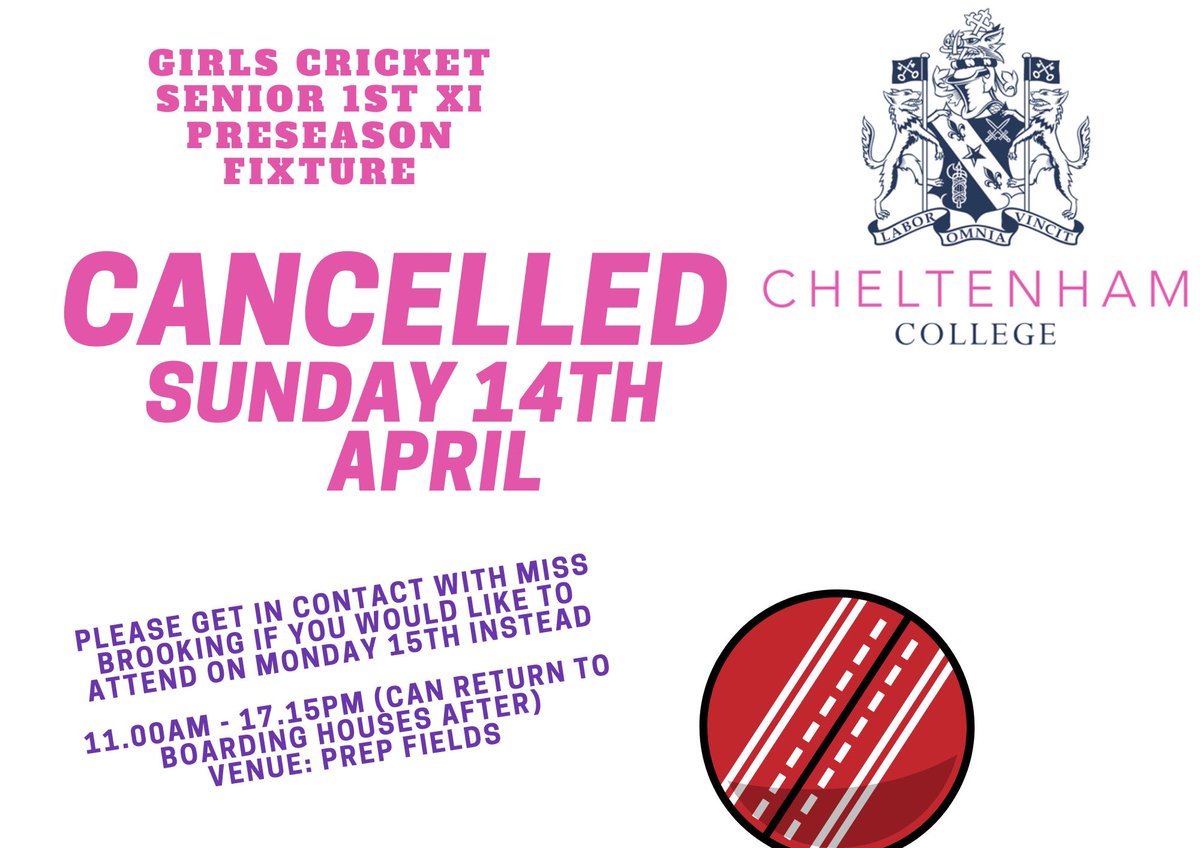 Unfortunately due to the weather we have had to cancel our girls 1st XI fixture on Sunday. Please let Miss Brooking know if you would like to attend on Monday 11.00am - 5.15pm instead. Venue: Prep Fields.