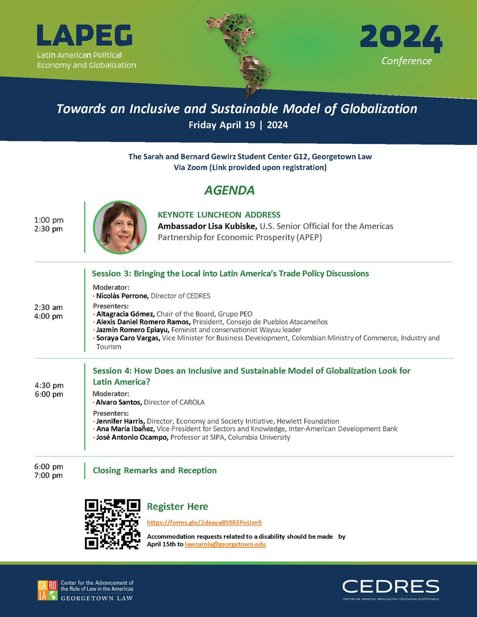 CAROLA Georgetown Law (@gtowncarola) on Twitter photo The LAPEG Conference is one week away! It will feature Ambassador <a href="/LisaKubiske/">Lisa Kubiske</a>, U.S. Senior Official for the Americas Partnership for Economic Prosperity (#APEP) <a href="/StateDept/">Department of State</a> as a Keynote speaker. Register here to attend in person or via Zoom forms.gle/2dxaya859REPnU… The LAPEG Conference is one week away! It will feature Ambassador <a href="/LisaKubiske/">Lisa Kubiske</a>, U.S. Senior Official for the Americas Partnership for Economic Prosperity (#APEP) <a href="/StateDept/">Department of State</a> as a Keynote speaker. Register here to attend in person or via Zoom forms.gle/2dxaya859REPnU…