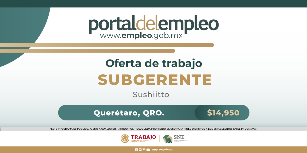 📢 #BolsaDeTrabajo 

👤 Subgerente en Sushiitto.
📍Para trabajar en #Querétaro.
💰14,950.00.

Detalles y postulación en: 🔗 goo.su/DI1qN
📨 lramirez1@celtas.com.mx

#Trabajo #Empleo #SNE #PortalDelEmpleo
