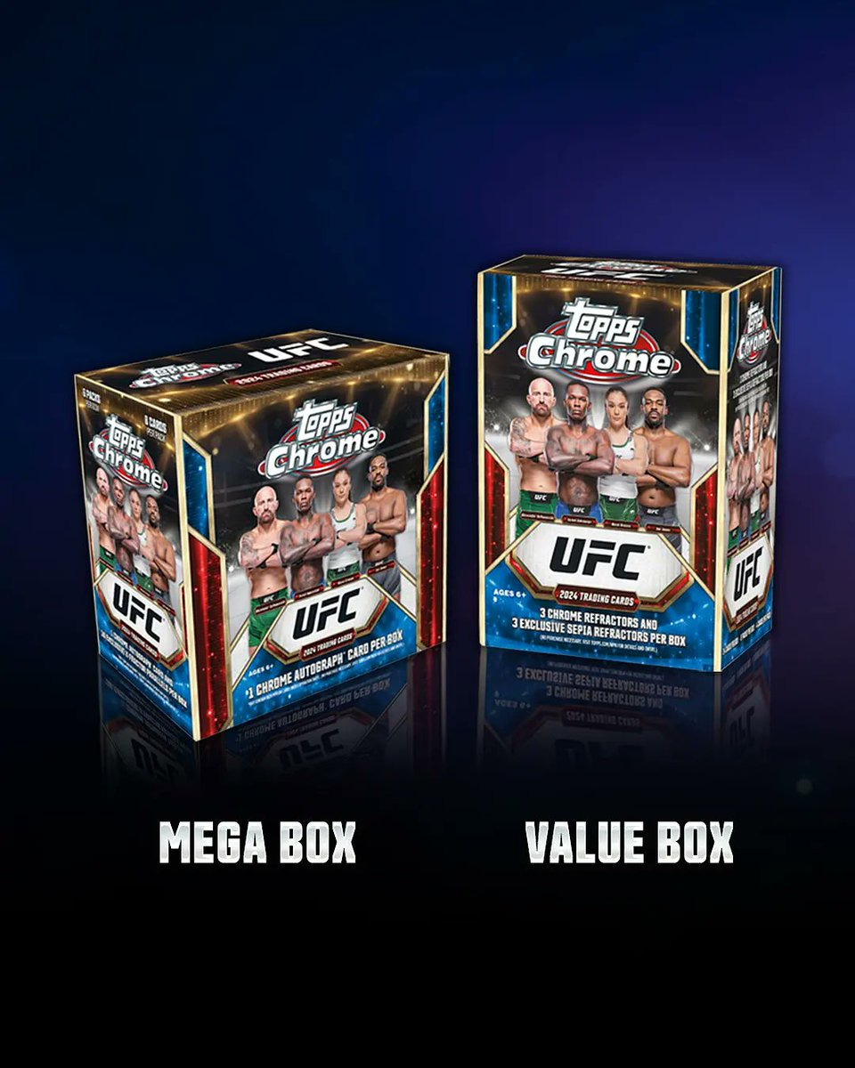 Add to your collection for #UFC300 👊 @Topps Mega and Value Boxes are available now on @UFCStore! Link in bio to order ⛓ 🔗 Featured Product: 2024 Topps Chrome UFC Factory Sealed Mega Box ufcstore.com/en/2024-topps-… #UFC #UFCstore