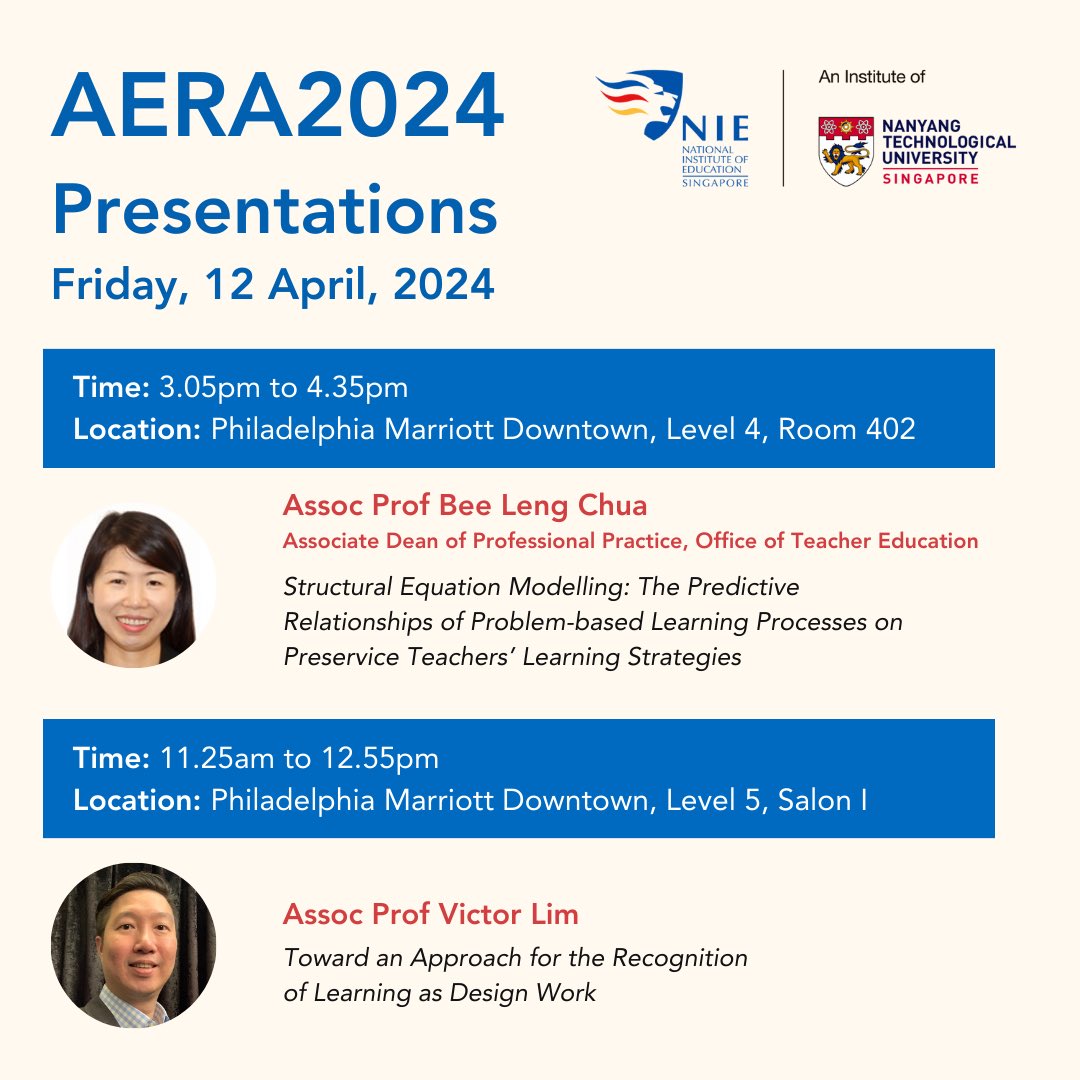 Exciting presentations await this afternoon at Philadelphia Marriott Downtown! Dive deep into educational research with Assoc Prof Bee Leng Chua’s discussion on learning strategies, followed by Assoc Prof Victor Lim’s exploration of learning as design work. See you! #AERA2024