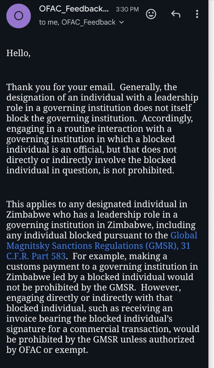 𝗢𝗙𝗔𝗖 𝗥𝗘𝗦𝗣𝗢𝗡𝗗𝗦 𝗢𝗡 𝗠𝗔𝗚𝗡𝗜𝗧𝗦𝗞𝗬 𝗦𝗔𝗡𝗖𝗧𝗜𝗢𝗡𝗦. OFAC has responded to the question as to whether global citizens or entities are prohibited from doing business with a government department led by an individual under the #MagnitskySanctions. According to…