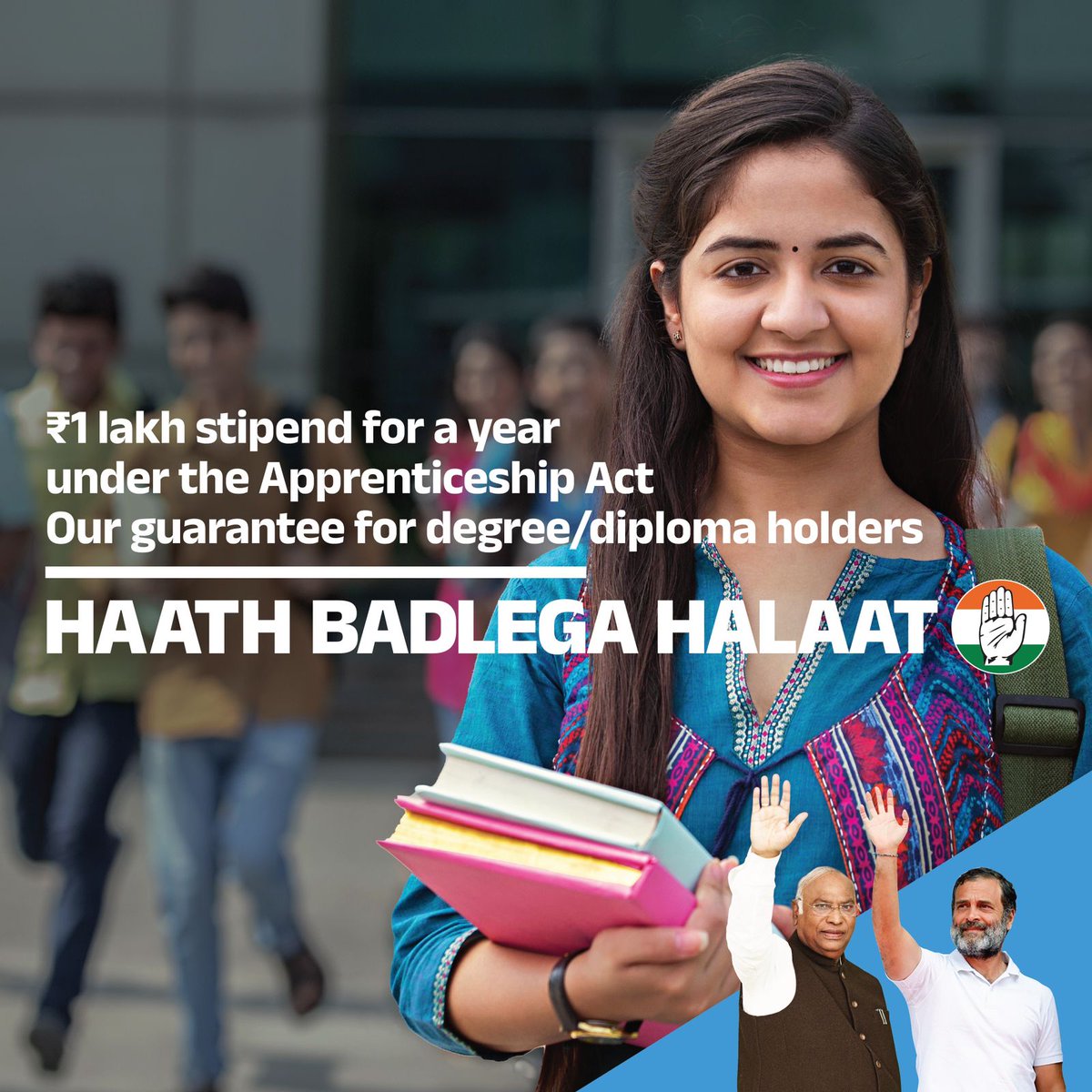 𝐂𝐨𝐧𝐠𝐫𝐞𝐬𝐬' 𝐆𝐮𝐚𝐫𝐚𝐧𝐭𝐞𝐞   One-year apprenticeship for all educated youth (Rs. 1 lakh/year).   #HaathBadlegaHalaat ✋