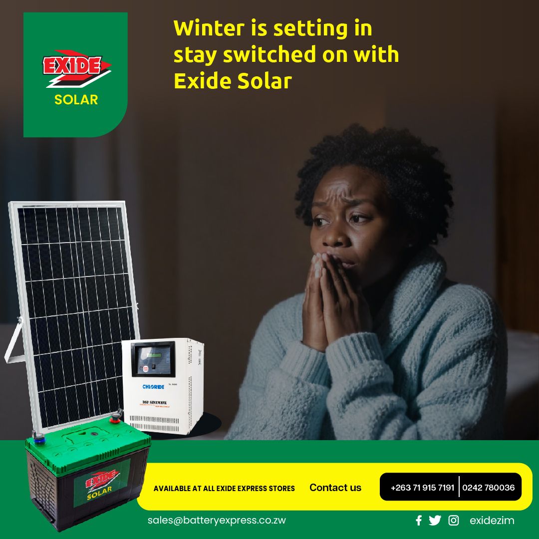 No winter worries with Exide Solar. 
Keep the cold and darkness away. 
Stay switched on and keep warm with our tailor made solar packages available at all Exide Express stores nationwide.  
#exidesolar
#stayswitcheon 
@EsteemComms @KUDZIELISTER2 @Mavhure @IdeasZaka @takemorem1