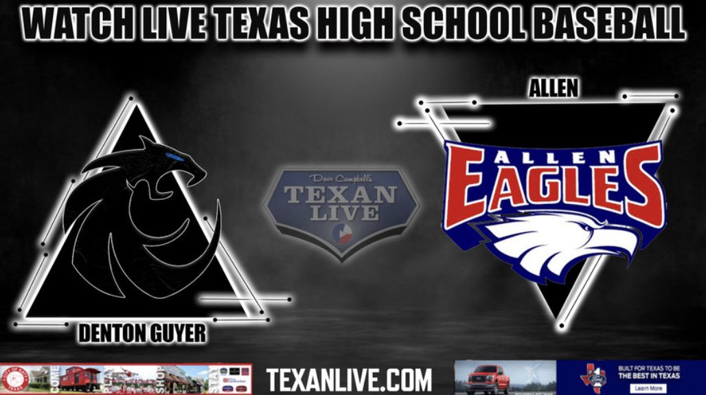 Tonight the @Guyer_Baseball team continues district play as they host @allen_baseball. If you can’t be there, watch with us on @Texan_Live! ⚾️ 5-6A ⏰ 7:30pm 📍 @GHS_Wildcats 🎙 @Shanahman & Matthew Freiley 📺 texanlive.com/video/66141a36…