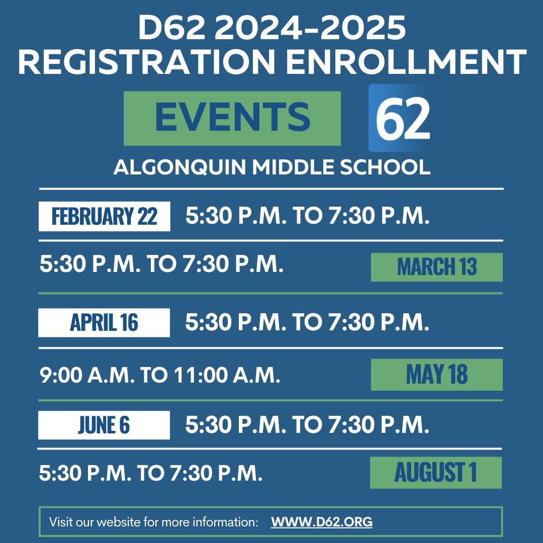 Did you know? D62 is hosting a series of events to support families with the registration process at Algonquin Middle School, 767 E. Algonquin Road, Des Plaines. #62learns #62united