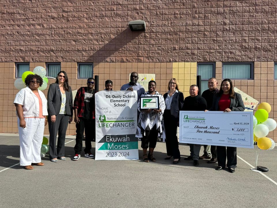 ClarkCountySch's tweet photo. What a Surprise! CCSD teacher Ms. Ekuwah Moses at D. L. Dusty Dickens Elementary School has been named the 2023-2024 National Life Group LifeChanger of the Year! The @NLGroup_LCOY  presents the award alongside CCSD Deputy Superintendent Melissa Gutierrez. https://t.co/PkzE3c94Ub