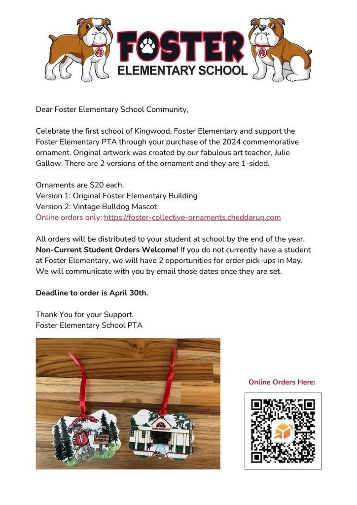 Foster Families: The deadline to order a Foster commemorative ornament is April 30th. Ordering information is included in the attached flier. Please share with anyone you feel would be interested in purchasing one even if they are not a current Foster Bulldog.