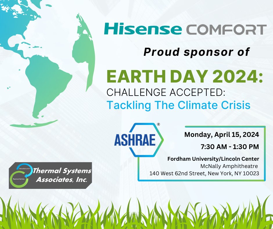 Calling all climate change warriors! Join us Monday, April 15 as Hisense Comfort and Thermal Systems Associates will be proud sponsors for ASHRAE’s Earth Day – Challenge Accepted: Tackling Climate Crisis.  

#ashrae #thermalsa #earthday #hisensecomfort #ASHRAEEarthDay