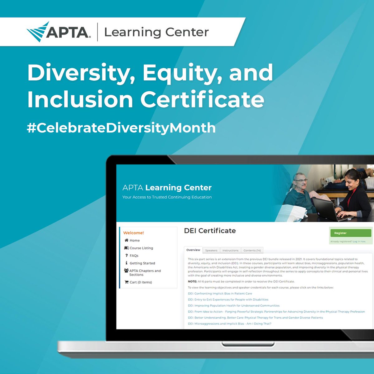 APTA is proud to honor #CelebrateDiversityMonth. Get your DEI certificate from the APTA Learning Center and apply concepts to your clinical and personal life with the goal of creating more inclusive and diverse environments: learningcenter.apta.org/products/dei-c…