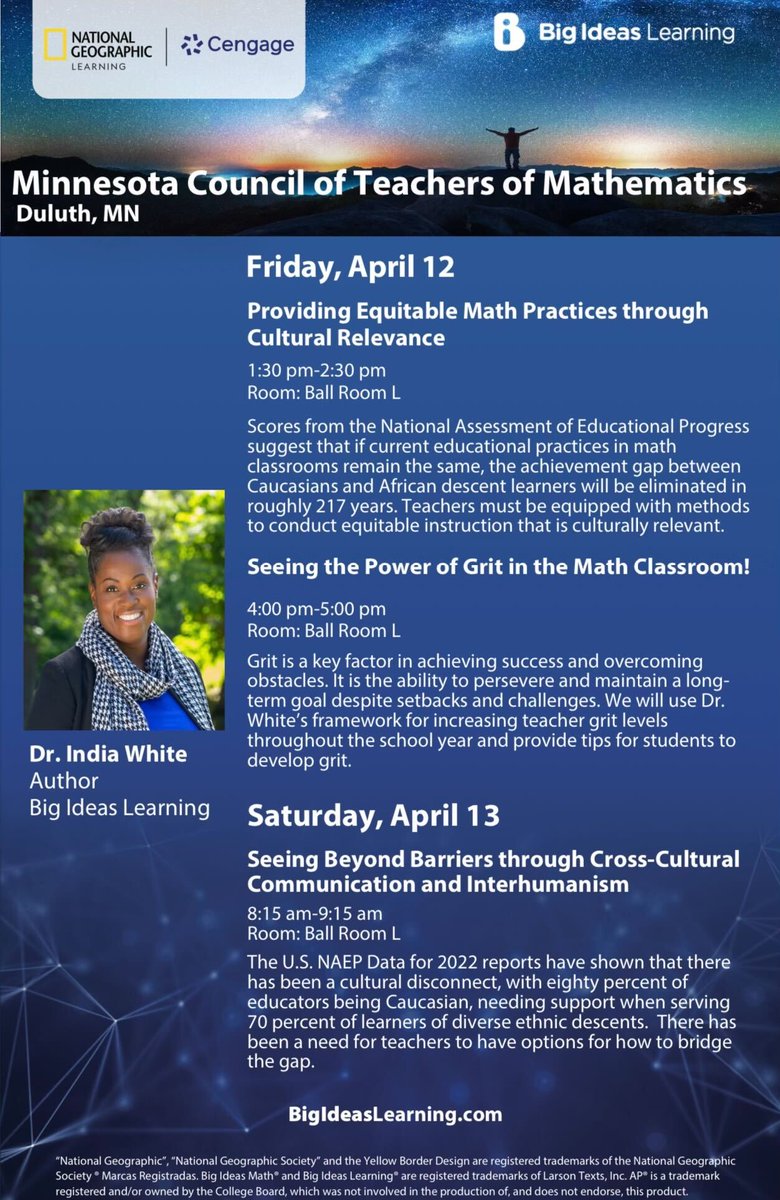 If you're attending #MCTM this weekend, be sure to stop by one of @IWhiteBIL sessions. Don't miss the chance to enhance your teaching practice and empower your students with Dr. India White's remarkable framework for increasing teacher grit levels!