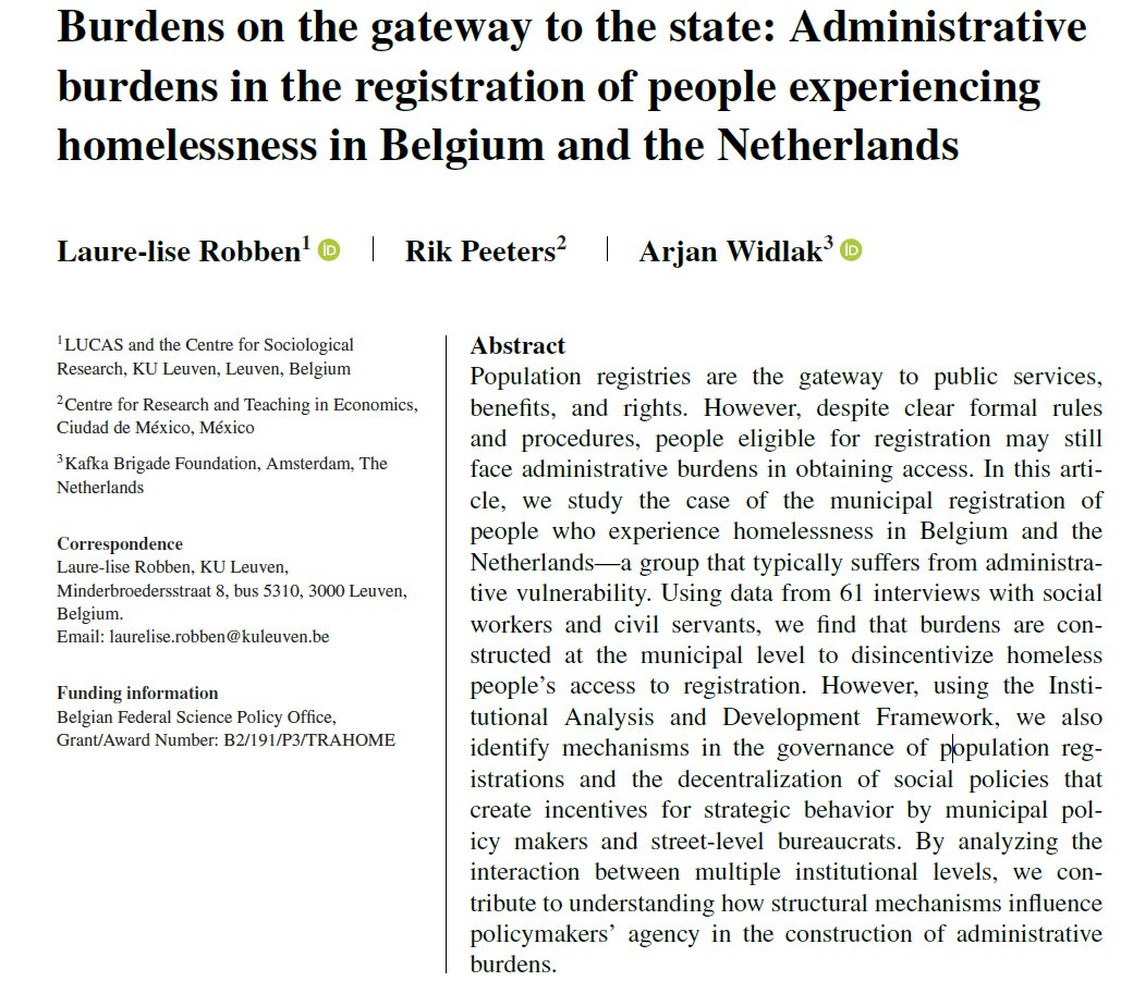 New from @LLRobben, @arjanwidlak and me: 'Burdens on the gateway to the state: Administrative burdens in the registration of people experiencing homelessness in Belgium and the Netherlands' in @JPAM_DC