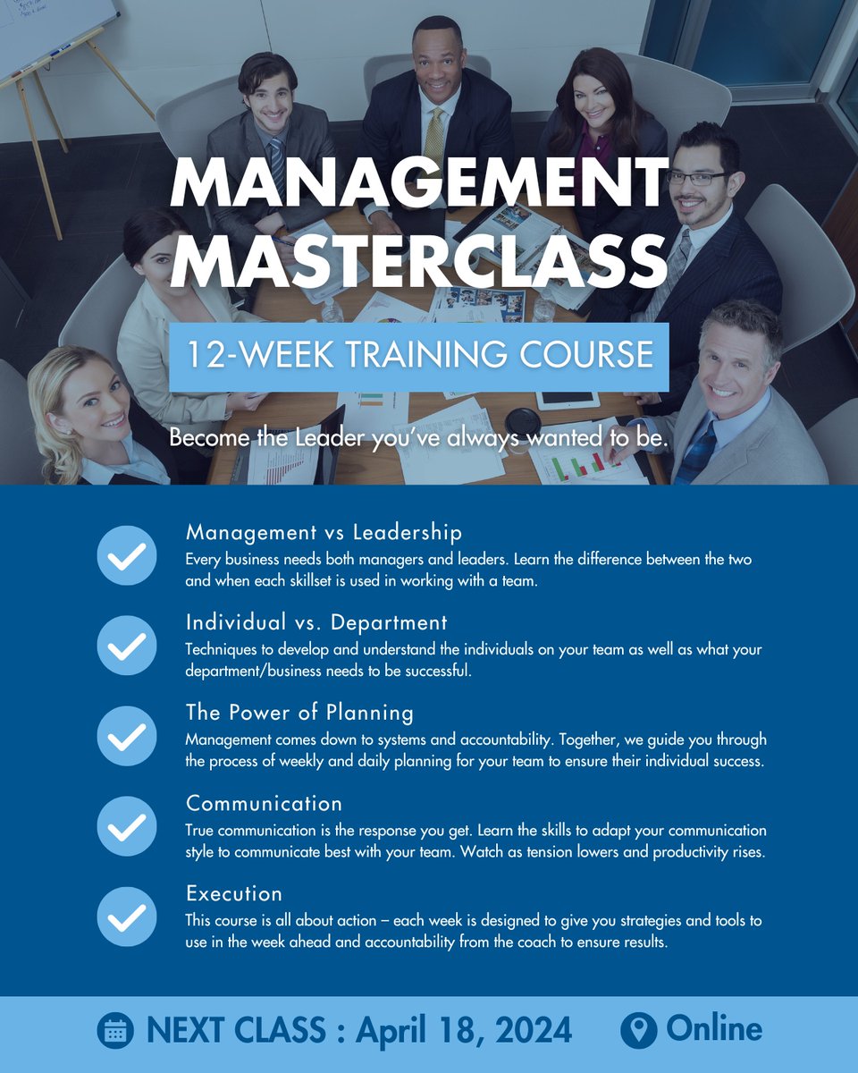 Our next Management Masterclass begins on April 18.

Learn more: actioncoachkentuckiana.com/event-registra… 

#businesscoach #actioncoach #businessowners #entrepreneurs #management #managementtraining #managementclass