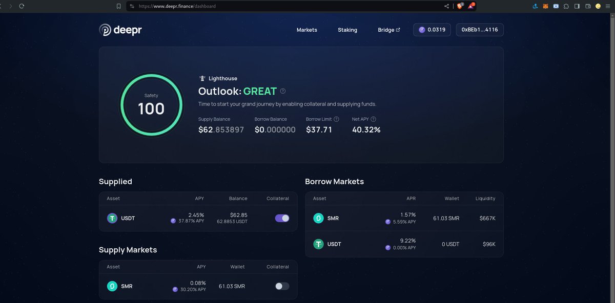 Are you afraid of the #crypto volatility now?

At @DeeprFinance lending/ borrowing market
you can supply your stable coin $USDT
& earn $deepr tokens

at 40% APY  is already better than banks!

🔗deepr.finance/dashboard

#iota #IOTAevm #shimmerEVM #DeFi