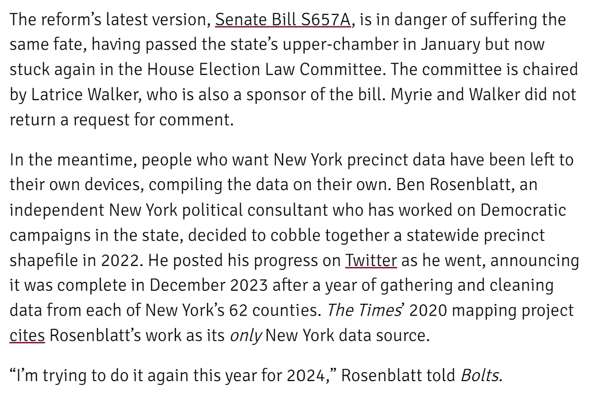 BenJ_Rosenblatt's tweet photo. I was so excited to speak to Dara for this fantastic piece about the struggles and importance of compiling precinct-level election results, about my experience doing so in New York, and about the election database bill! 

Please read the whole piece! >> https://t.co/tSBOcv8Luu https://t.co/wd0bj3goIP