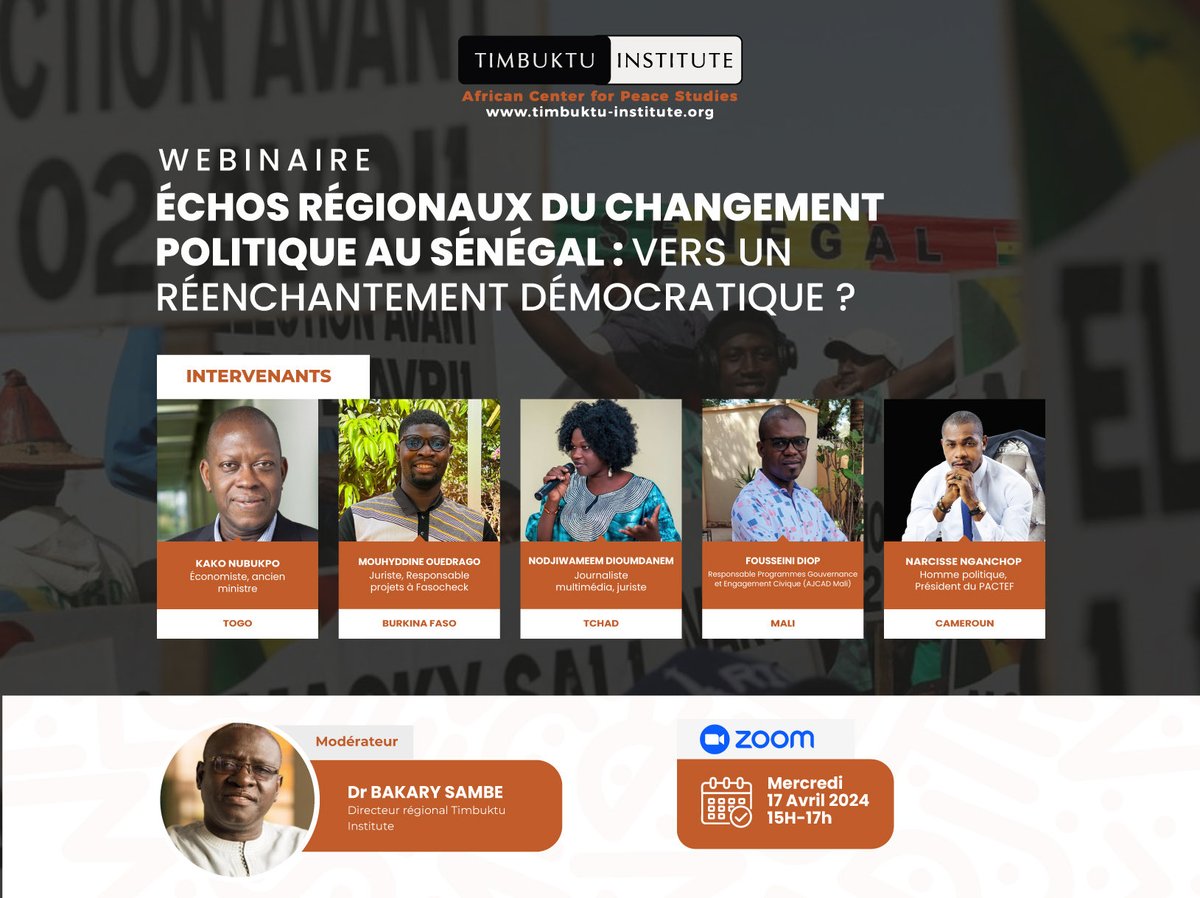 Après le changement politique au #Sénégal, des jeunes de différents pays de la région (#Mali, #Niger, #BurkinaFaso, #Cameroun, #Togo, #Tchad) des chercheurs et politiques débattent des implications régionales us06web.zoom.us/webinar/regist…