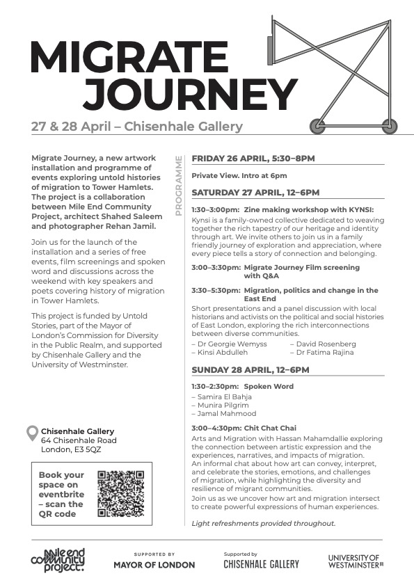 Join us on Friday, 26 April, for the launch of Migrate Journey, a new installation & programme of events exploring untold stories of migration in Tower Hamlets, created by @shahedsaleem_, @rehanwjamil and @MCP_95. Full programme & tickets here: bit.ly/3U85riF