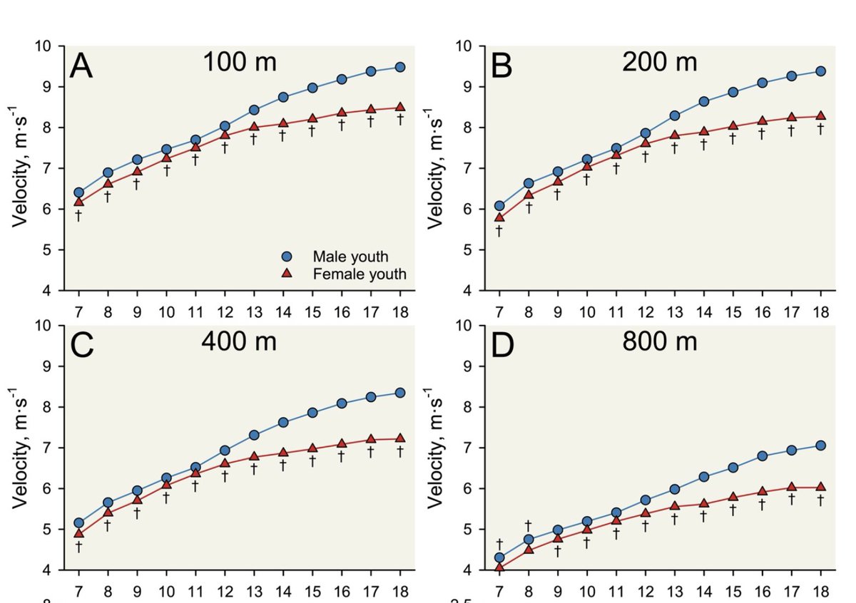 New study looks at performance gap between boys & girls in track. In running events, there's a consistent smaller gap from 7-12 of ~4%. At 13, the gap jumps to 6% and keeps widening until by 18, it's at ~12%. A clean way to see effects of puberty