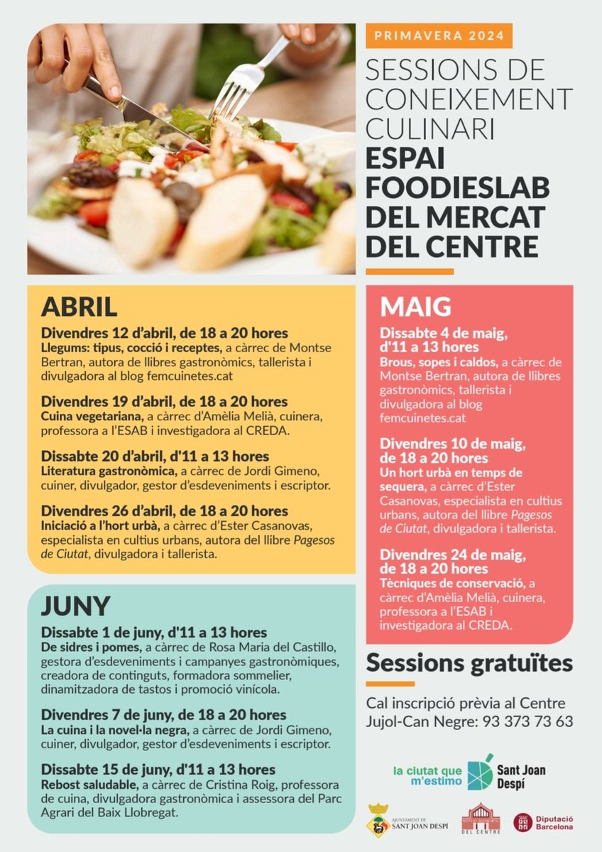 Donem per inaugurades les sessions de cuina del FoodiesLab al Mercat del Centre de Sant Joan Despí.
Durant tot l'any amb <a href="/femcuinetes/">Montse femcuinetes</a>, Amèlia Sarroca, Jordi Gimeno, <a href="/picaronablog/">Ester Casanovas</a>, <a href="/alacartemenus/">alacartemenus</a> i Cristina Roig