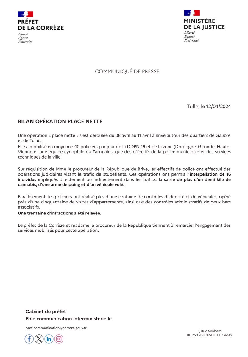 [Communique de presse conjoint <a href="/Prefet19/">Préfet de la Corrèze</a> du 12.04.2024]
➡️ Opération #placenette