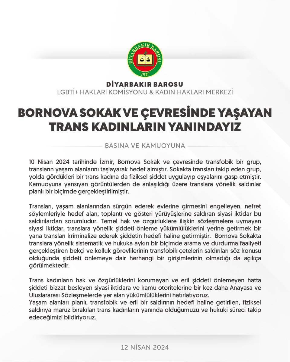 BORNOVA SOKAK VE ÇEVRESİNDE YAŞAYAN TRANS KADINLARIN YANINDAYIZ “Transları, yaşam alanlarından sürgün ederek evlerine girmesini engelleyen, nefret söylemleriyle hedef alan, toplantı ve gösteri yürüyüşlerine saldıran siyasi iktidar bu saldırılardan sorumludur.”