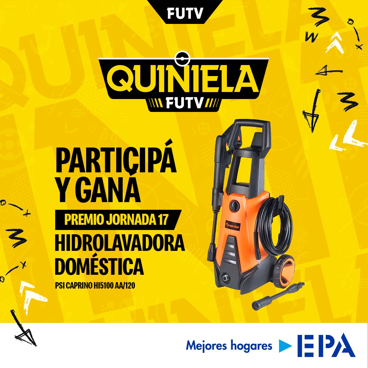 Esta hidrolavadora doméstica cortesía de EPA es el premio que se llevará el ganador de la jornada 17 de la #QuinielaFUTV.

🔗 quiniela.futvcr.com