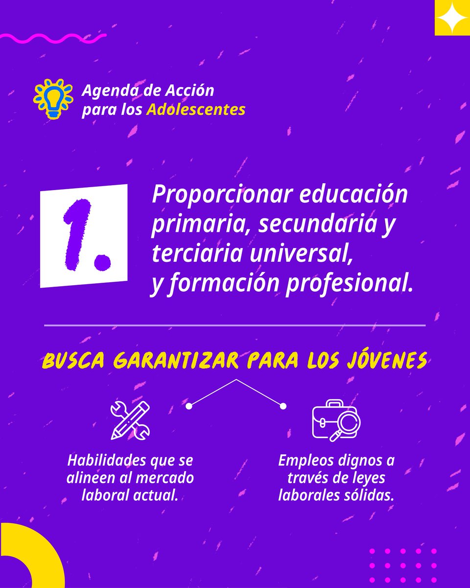 🔈Te presentamos la Agenda de Acción para los Adolescentes, iniciativa de <a href="/PMNCH/">PMNCH</a> que considera 7 prioridades para la acción urgente:

1️⃣ Garantizar educación universal, formación profesional y legislación laboral sólida, entre otros.

Conoce más en 👉🏼bit.ly/3Q1Obt7