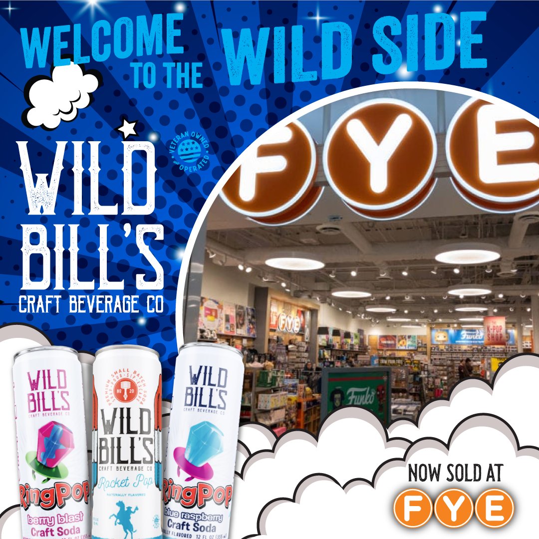 🚀 BIG News! Wild Bill's now at @OfficialFYE stores nationwide! 🥤 Wild Bill’s is expanding into the heart of pop culture retail. Over 200 FYE stores across 30+ states will carry our signature flavors like @RingPopOfficial Berry Blast + Blue Raspberry, and the iconic Rocket Pop.