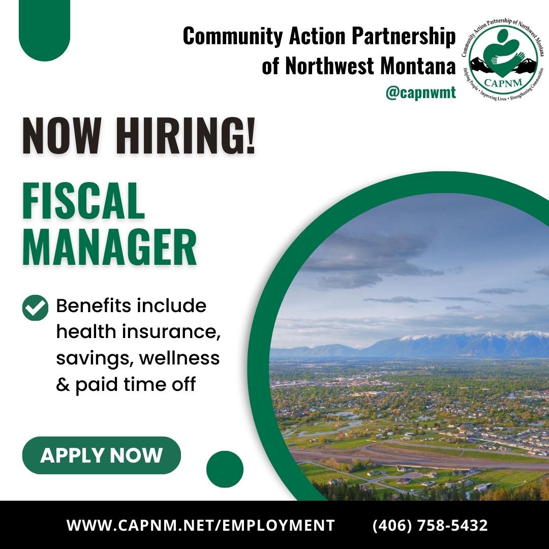 #Hiring in our #Kalispell office for a Fiscal Manager starting at $27.70/hour plus #greatbenefits including health insurance, savings, wellness and paid time off!

Requirements, job duties and qualifications are online at capnm.net/employment or call HR at (406) 758-5432.