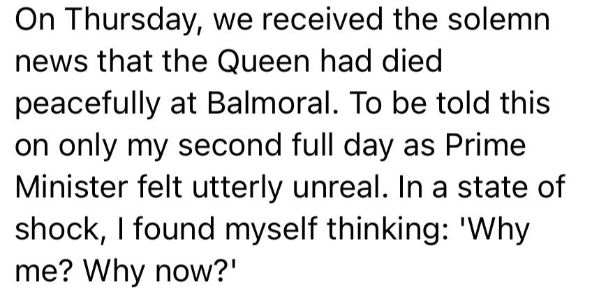 Breaking News 🗞️ First extracts from Liz Truss’s ‘Ten years to save the West’ have just been released and all I’ll say is that I bet P.G. Wodehouse is spinning in his grave… ‘The Queen died and I found myself thinking “Why me?” Nobody wanted it to be you you silly goose