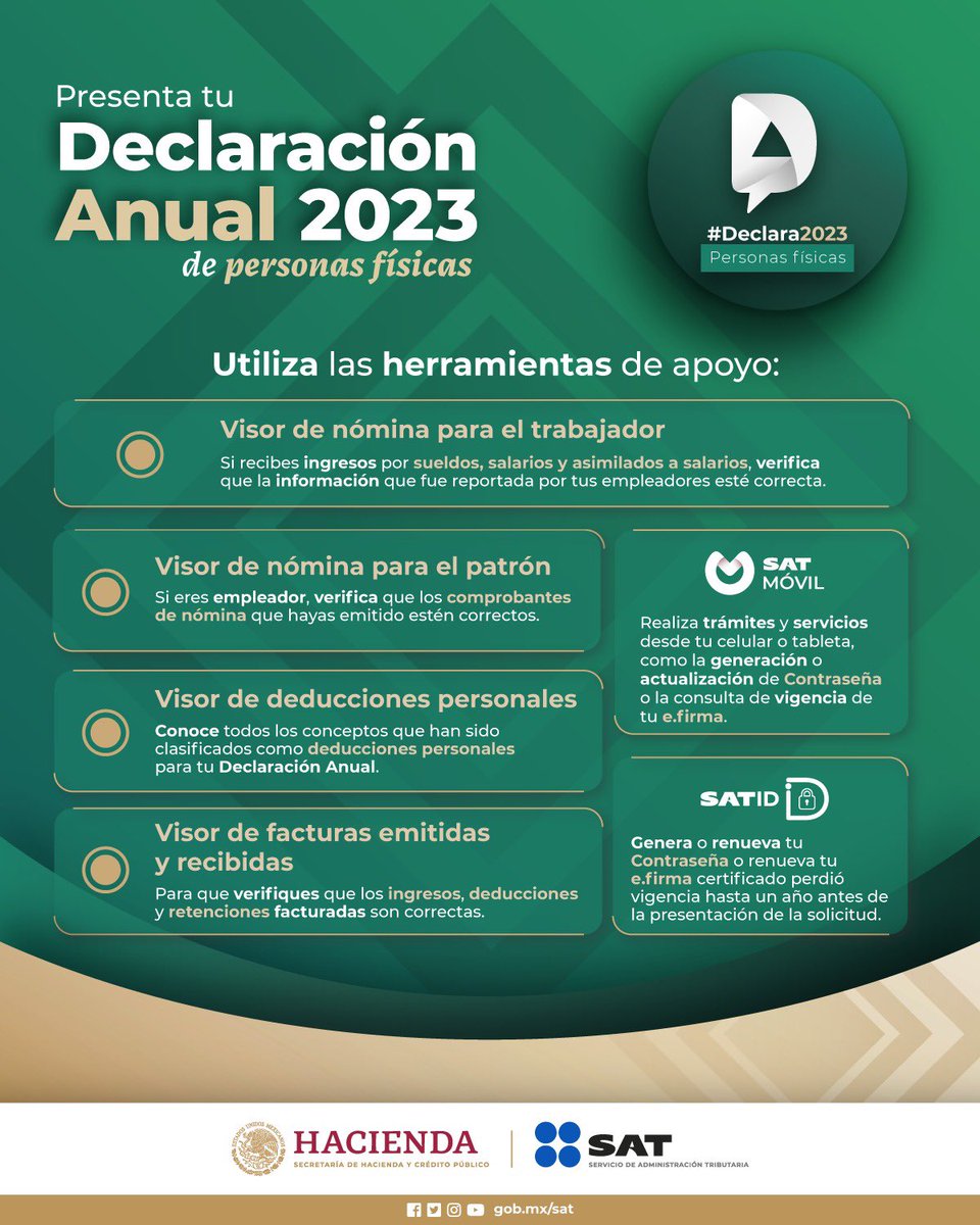 #Declara2023 Conoce y utiliza las herramientas de apoyo para presentar tu Declaración Anual 2023 de personas físicas. Para más información, ingresa al minisitio en omawww.sat.gob.mx/DeclaracionAnu…