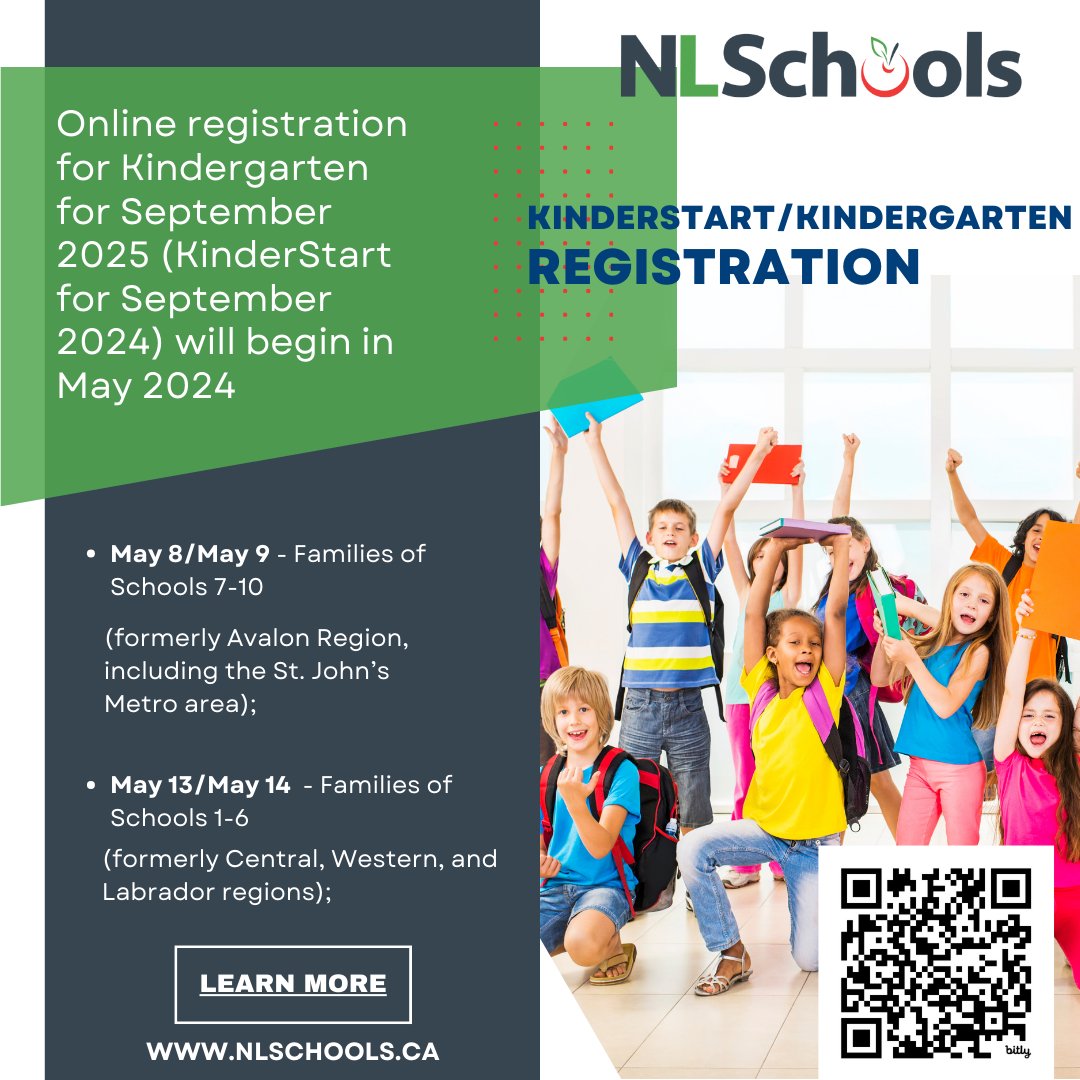 Important notice for parents registering their children for KinderStart for Sept 2024 (and Kindergarten in Sept 2025): Registration begins on May 8 at 9:00 am (8:30 am in Labrador). For more info on when registration for your family of schools opens, visit bit.ly/3VP6W6J