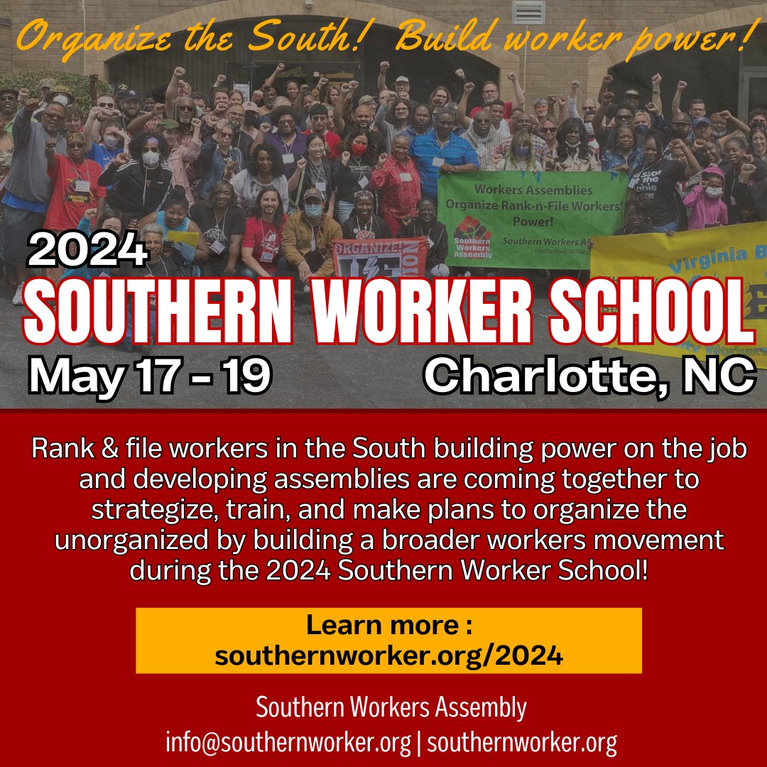 The South stands up! Join rank & file workers from across sectors for the upcoming Southern Worker School, May 17-19 in Charlotte. How can we seize the moment to build more unity, and working class organization and power? Learn more + join us there: southernworker.org/2024