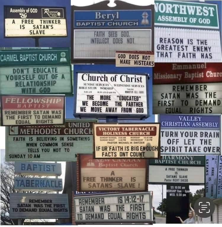 Pourquoi la religion n'a rien à faire dans les écoles...

Mes préférées: 

-Un libre penseur est l'esclave de Satan.
-Si ta foi est assez grande, les faits ne comptent pas.
-Plus vous êtes éduqués, plus vous êtes loin de Dieu.