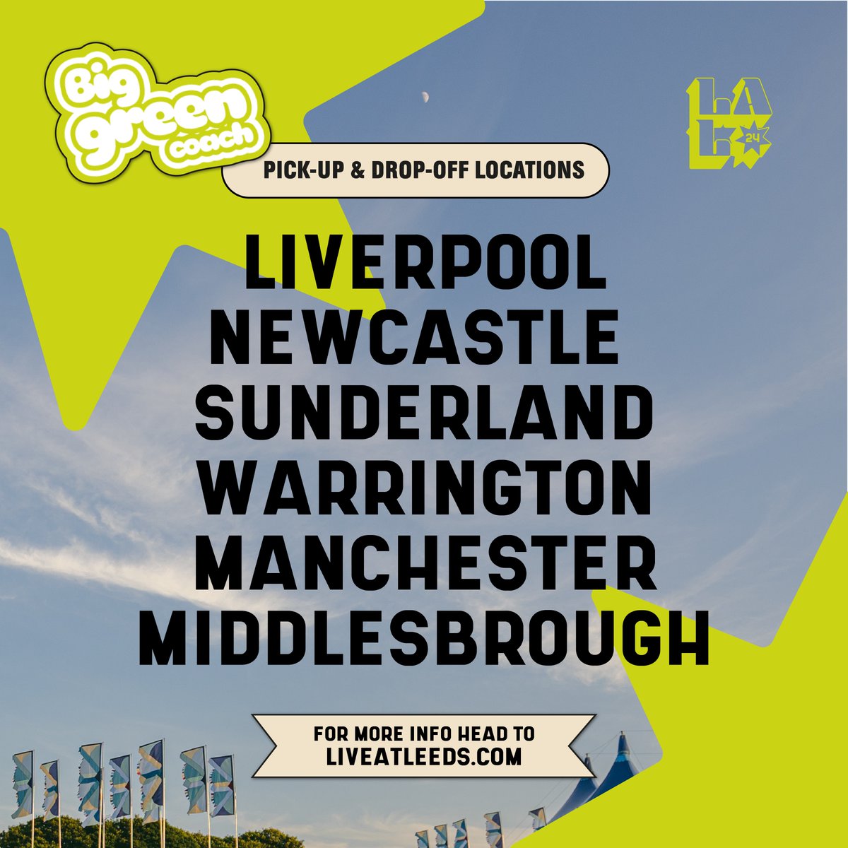 Have you got your Live At Leeds In The Park crew together yet? Need to sort travel? 🚌 Secure your coach travel with @biggreencoach offering sustainable return travel directly to & from Temple Newsam Park! Locations below.. Secure your travel here 🎟️👉 liveatleeds.com