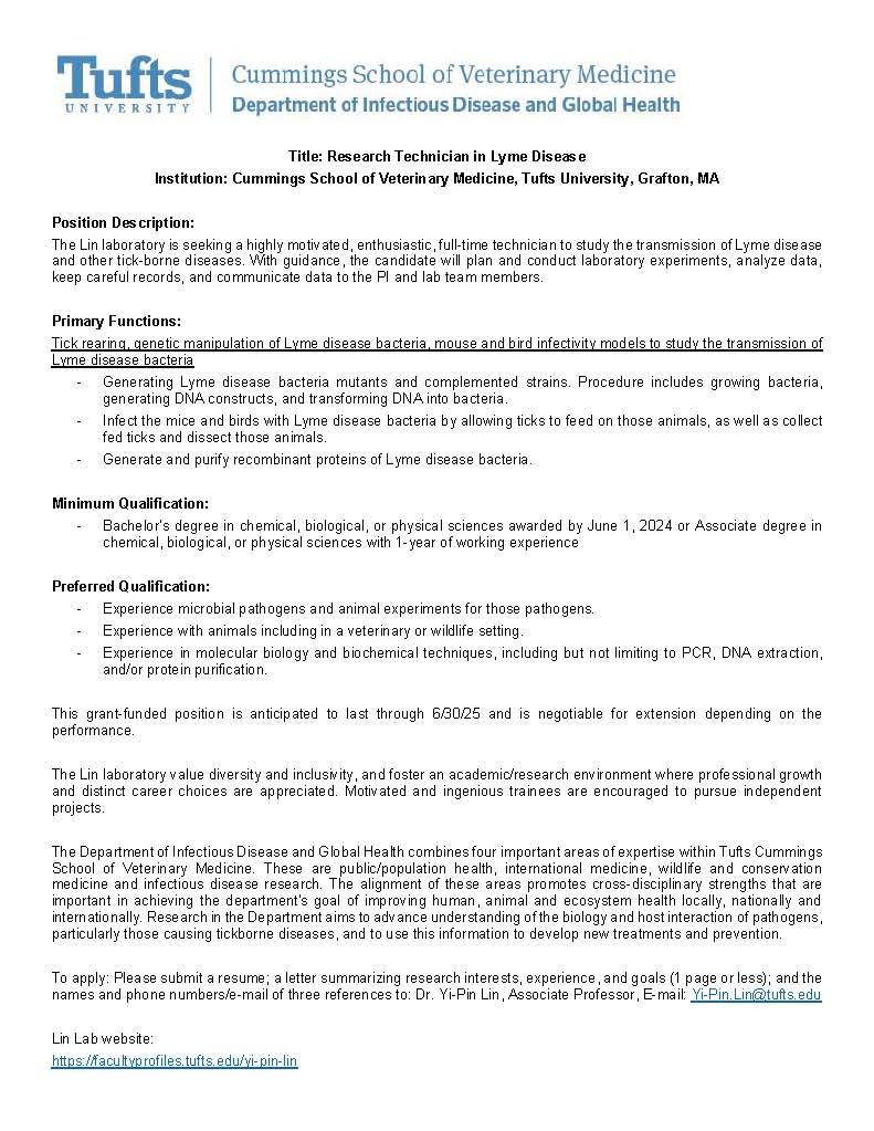 We are recruiting a Research Technician on molecular detection of Lyme disease bacteria in different animal models. We are looking for candidates who are motivated and enthusiastic about science and may consider developing careers in academia and/or industry. Please repost this!