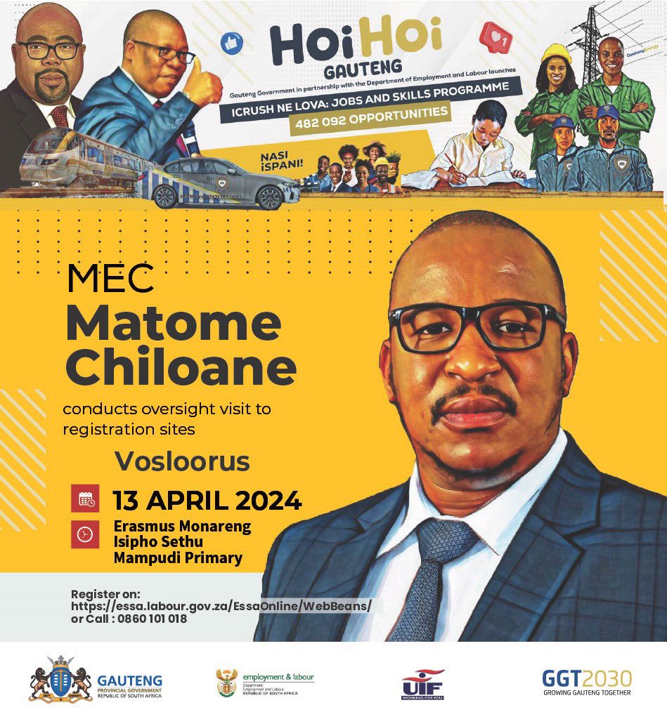 Hoi Hoi Gauteng! 🤙🏾

Registrations for the Jobs & Skills Programme begin on 13 & 14 April 2024 at various Gauteng schools & online.

MEC @matomekopano will be conducting oversight visits at registration sites in Vosloorus.

⏬ Open this thread to view other sites 

#iCrushNeLova