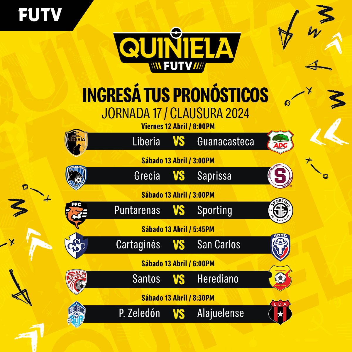 ¡Ingresá tus predicciones para la Jornada 17! ⚽️📝 Así podés participar por premios cada fecha en la #QuinielaFUTV del Clausura 2024 😃 🔗 quiniela.futvcr.com