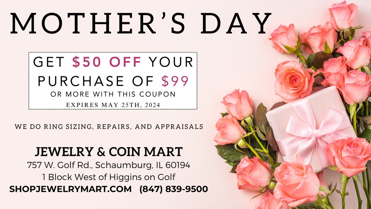 Mother's Day is only 30 days away💐! Find the perfect gift for mom! Show this coupon @ checkout and you'll receive $50 off any in-store purchase valued at $99 or more. Coupon's redeemable through May 25th, limit 1 per customer. #mothersdaygift  #mothersdaygiftideas  #MothersDay