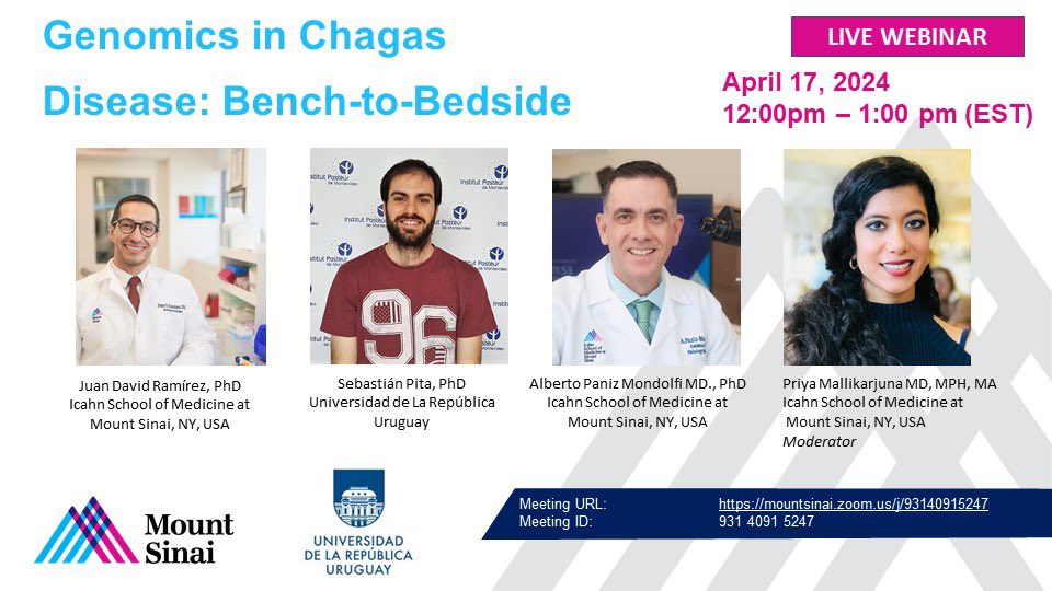 The <a href="/MountSinai_Path/">MountSinai Pathology</a>, will be hosting a webinar titled "Genomics in Chagas Disease." This webinar will cover a broad range of topics, from Triatomine and parasite genomics to clinical diagnostics. Join us for these insightful sessions, starting on April 17, from 12:00 to 1:00 PM.