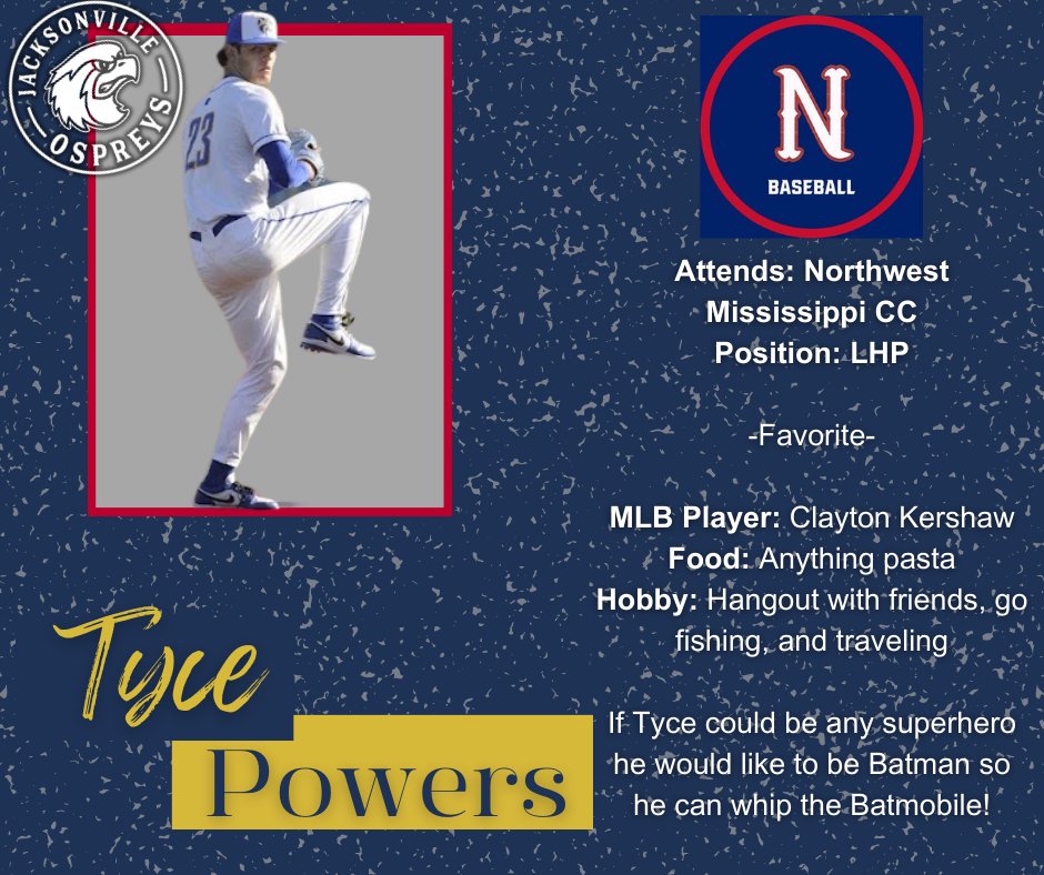 ⚾Please welcome Tyce Powers to the Nest! ⚾

Tyce is joining us from Kentucky this summer and is looking forward to pitching in an Ospreys uniform!  

Tyce was ranked #1 high school prospect fro Kentucky by Perfect Games in 2022! Tyce will be attending Northwest Mississippi CC.