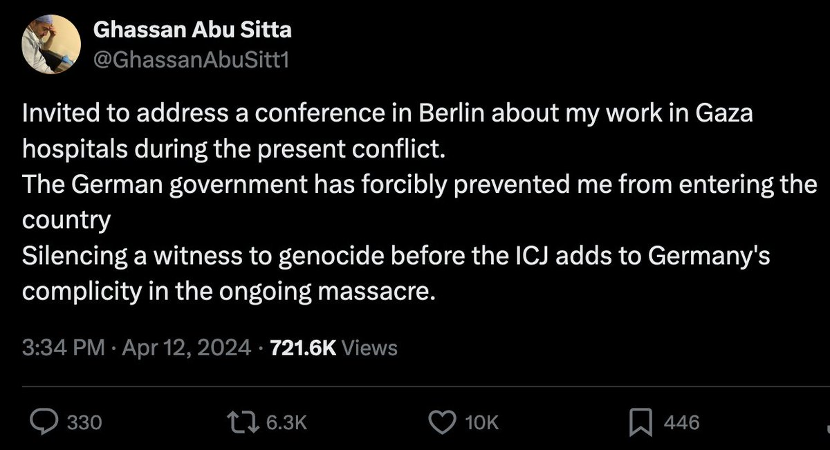 Today's @wirklagenan 🇵🇸 congress in Berlin gives a measure of state repression in 🇩🇪: 1) 2500 police deployed to shut it down shortly after start 2) @GhassanAbuSitt1, rector of University of Glasgow, forcibly stopped at the airport Not saying this lightly: It's time to panic.