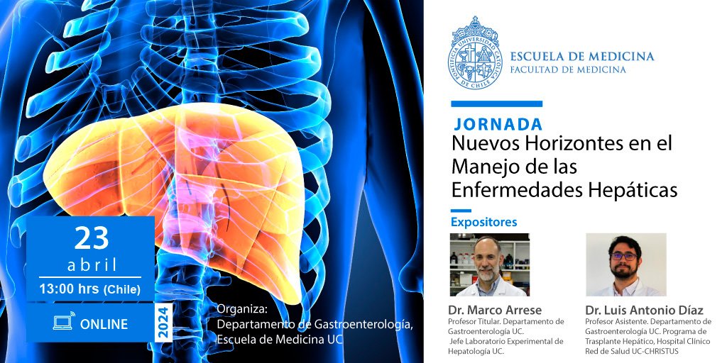 juanpabloarab's tweet photo. Los invito a este webinar organizado por el equipo de Hepatología UC (@GastroUC ) titulado "Nuevos horizontes en el manejo de las enfermedades hepáticas".
⏰Se realizará el martes 23 de abril 2024 a las 13 horas de forma virtual
📔📚 Se discutirán algunos temas de esteatosis hepática y hepatitis asociada al alcohol.
🗣️Speakers de lujo: @MarcoArreseMD @LuisAntonioDiaz 
🛜 Aqui es la inscripción:
https://t.co/v6tukvULpb