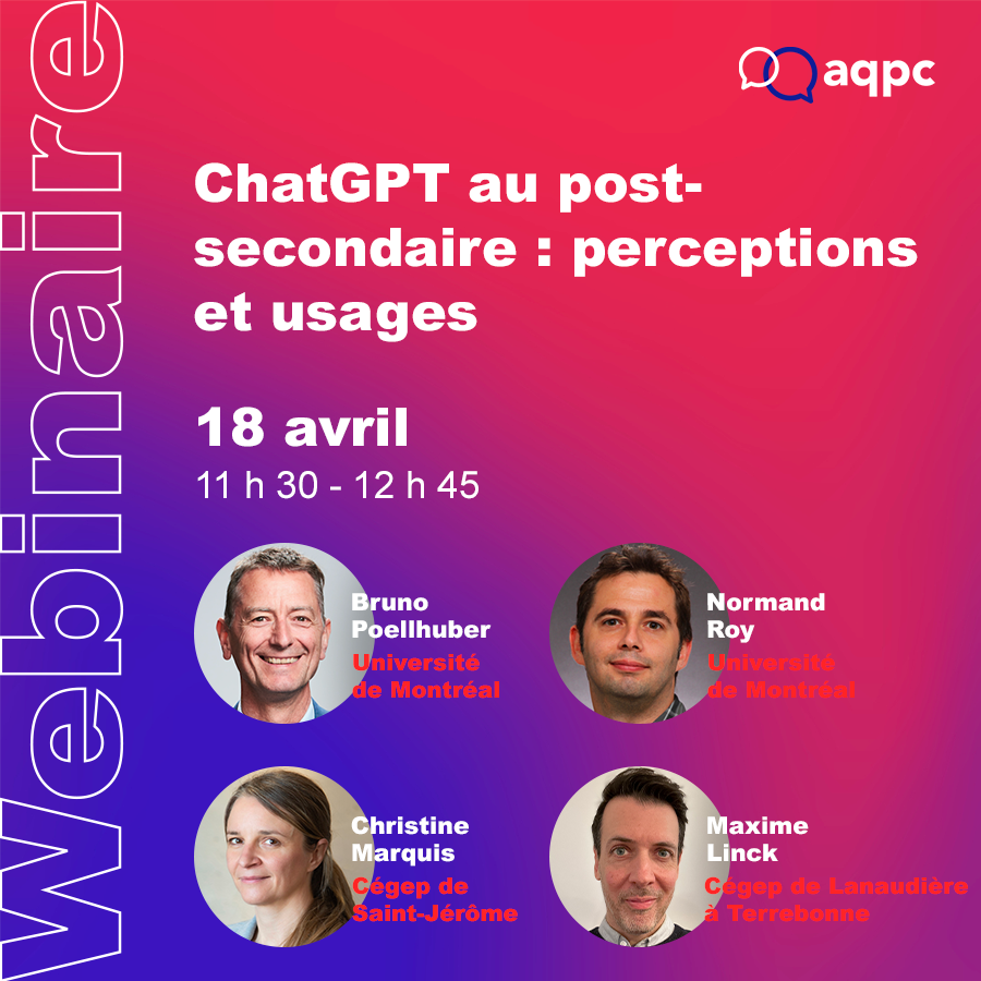 nperreault's tweet photo. | Les webinaires de l'AQPC : gratuits, ouverts à tous et avec interprétation simultanée | Un webinaire animé par un quatuor d'exception : le potentiel de ChatGPT et son impact sur l'éducation.  https://t.co/lfQlw5nbxz @AQPedCol @poellhub @roynoTIC https://t.co/c9ntBB3AaG