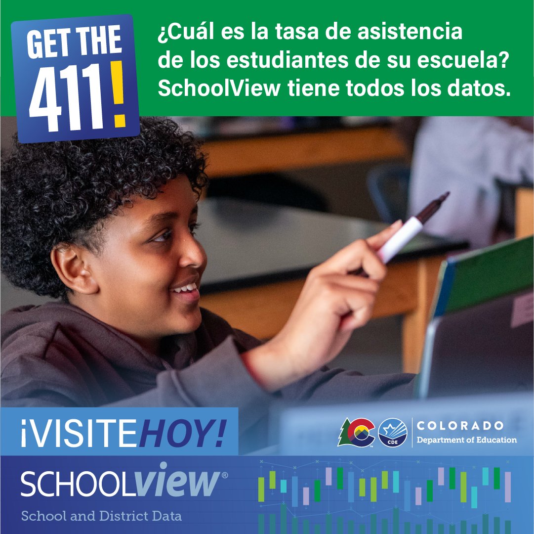 ¿Siente curiosidad por los índices de asistencia de los estudiantes? Encuentre información sobre la escuela y el distrito de su hijo en SchoolView en cde.state.co.us/schoolview