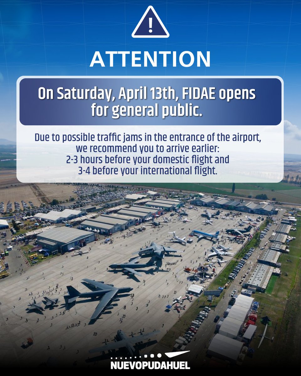 More than 20 thousand people are expected to attend @fidae_oficial this Saturday, April 13, at Santiago Airport. Due to possible traffic jams at the airport entrance, follow these recommendations and visit the FIDAE's web: bit.ly/44ddbDH