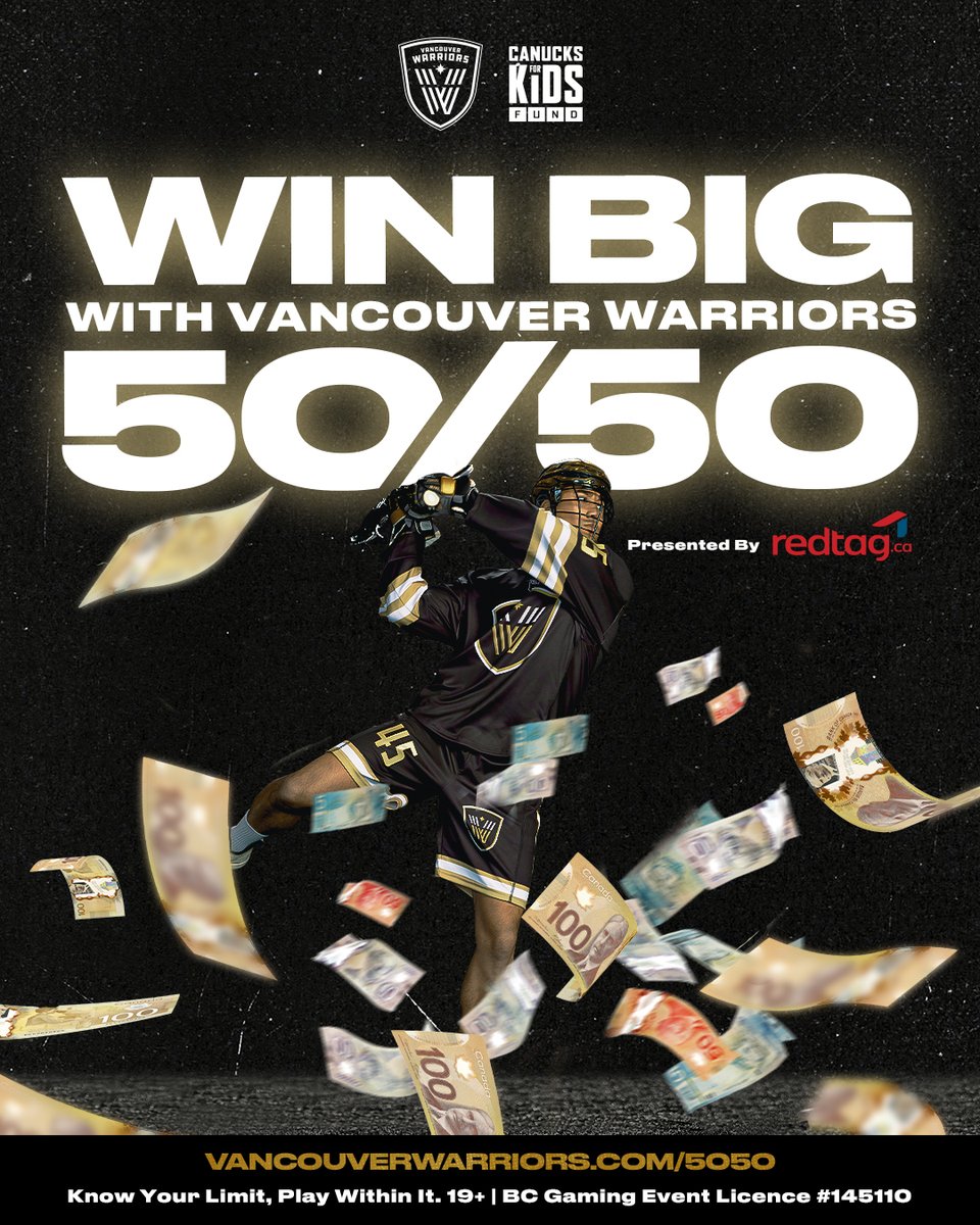 The Canucks For Kids Fund 50/50 raffle is now LIVE for Warriors vs New York Riptide💰 Must be 19+ and located in BC to play. BUY NOW | warriors.tbits.me/trk/xb1vb