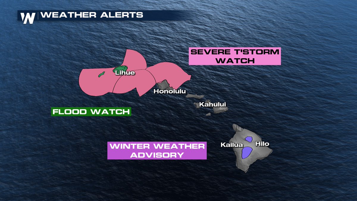 Wild weather in Hawaii: The Aloha state is being hit with a strong low-pressure system bringing all types of weather! For the peaks on the Big Island, up to 2' of snow is possible while severe thunderstorms and flash flooding are possible for the island of Kauai.