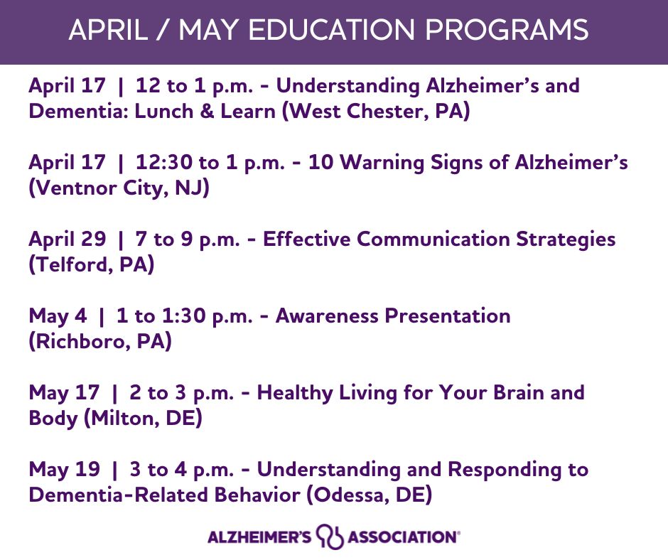 Spring is here, and there are plenty of opportunities in April + May to expand your knowledge of brain health and cognition. View our sampling and visit alz.org/crf or call the Alzheimer's Association 24/7 Helpline at 800.272.3900 for more offerings. Register today!